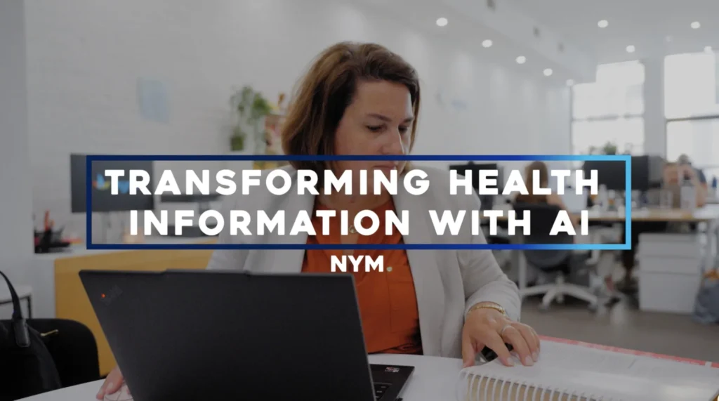 Image of a woman working at a desk with the text "Transforming Health Information with AI" overlayed