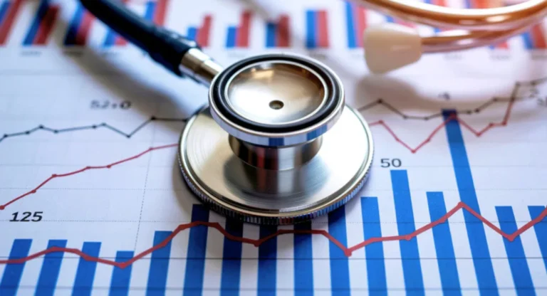 Image of a stethoscope on a pile of paper showing graphs and trends