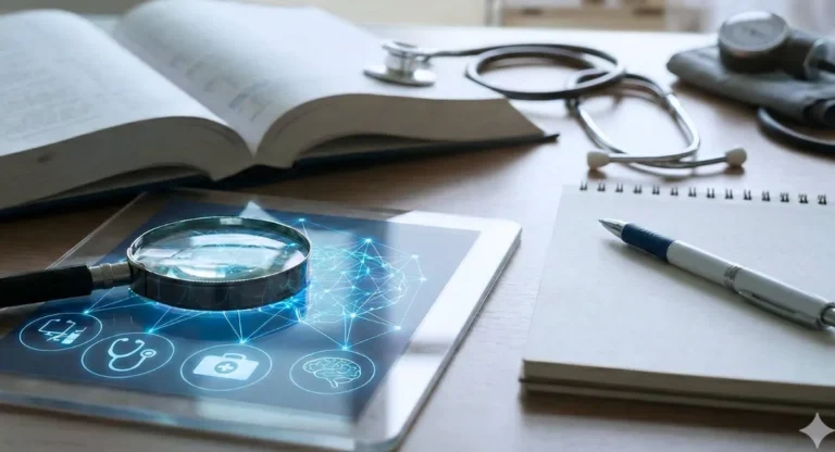 image of a desk with a tablet, magnifying glass, notebook, open book, and stethoscope lying on top