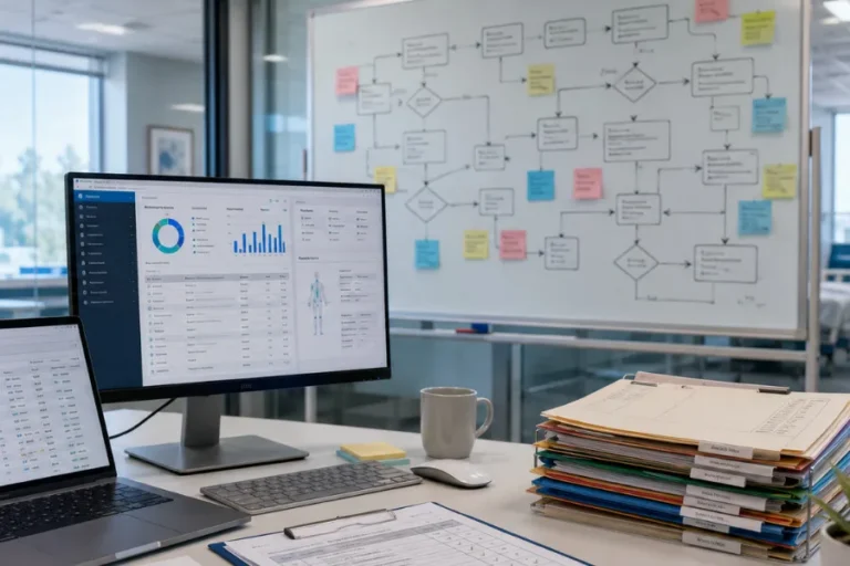 Image showing a process on a whiteboard, a stack of medical files, and a laptop with a dashboard on the screen