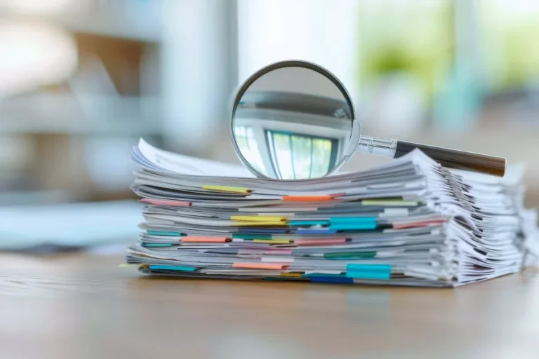 Image of a stack of files with a magnifying glass on top of it